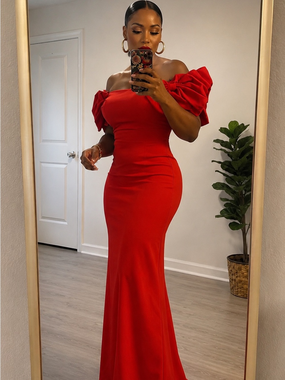 Off-Shoulder Red Evening Gown with Bow Sleeves